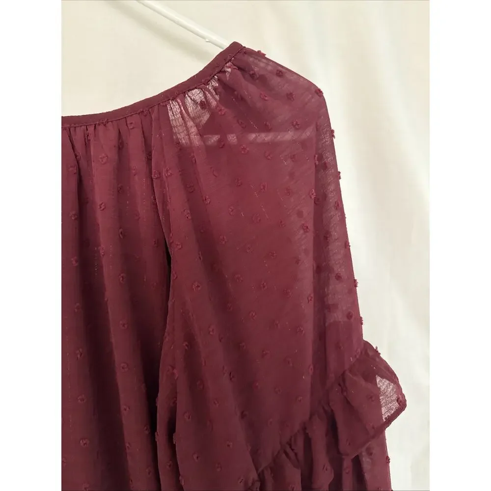 Maurices Blouse Womens XL Burgundy Lined Sheer Pullover Long Ruffle Sleeves NWT